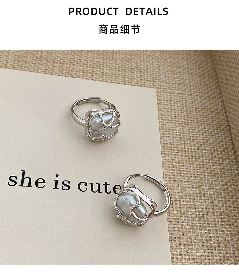 Cross-border niche design light luxury S925 sterling silver ring for women, Baroque pearl square opening ring accessory pic 18