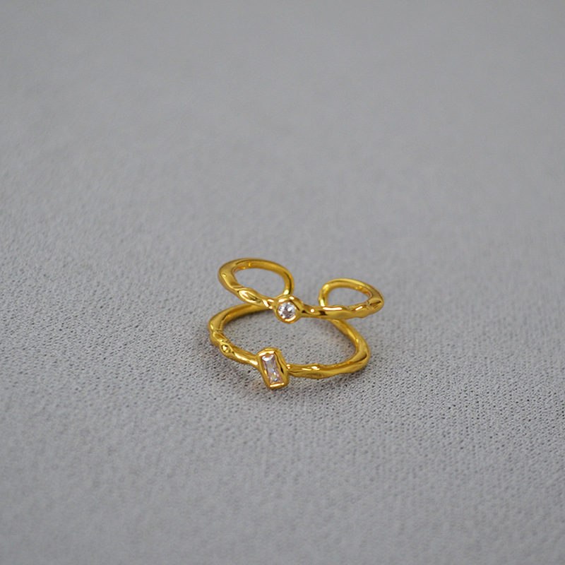 日韩小众简约黄铜镀金锤打纹理双层线条镶嵌锆石闪钻开口戒指女详情7