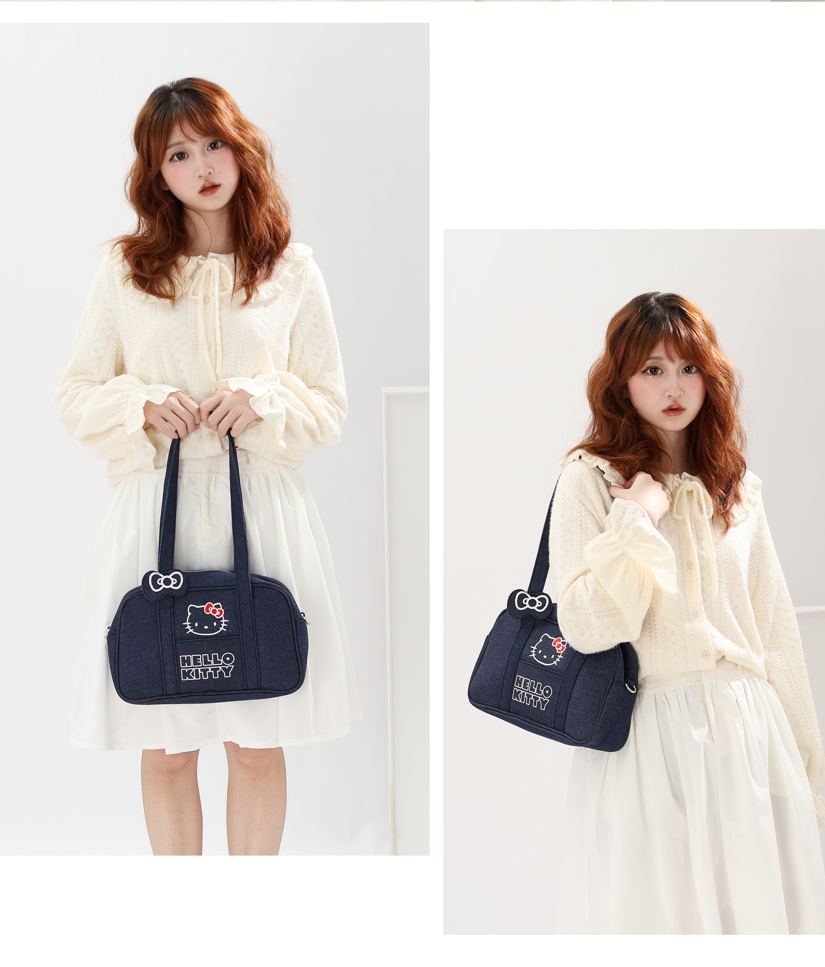 Sanrio genuine denim bag, Kitty Cat shoulder bag, cute bow, embroidered girl bowling bag, adorable pic 7
