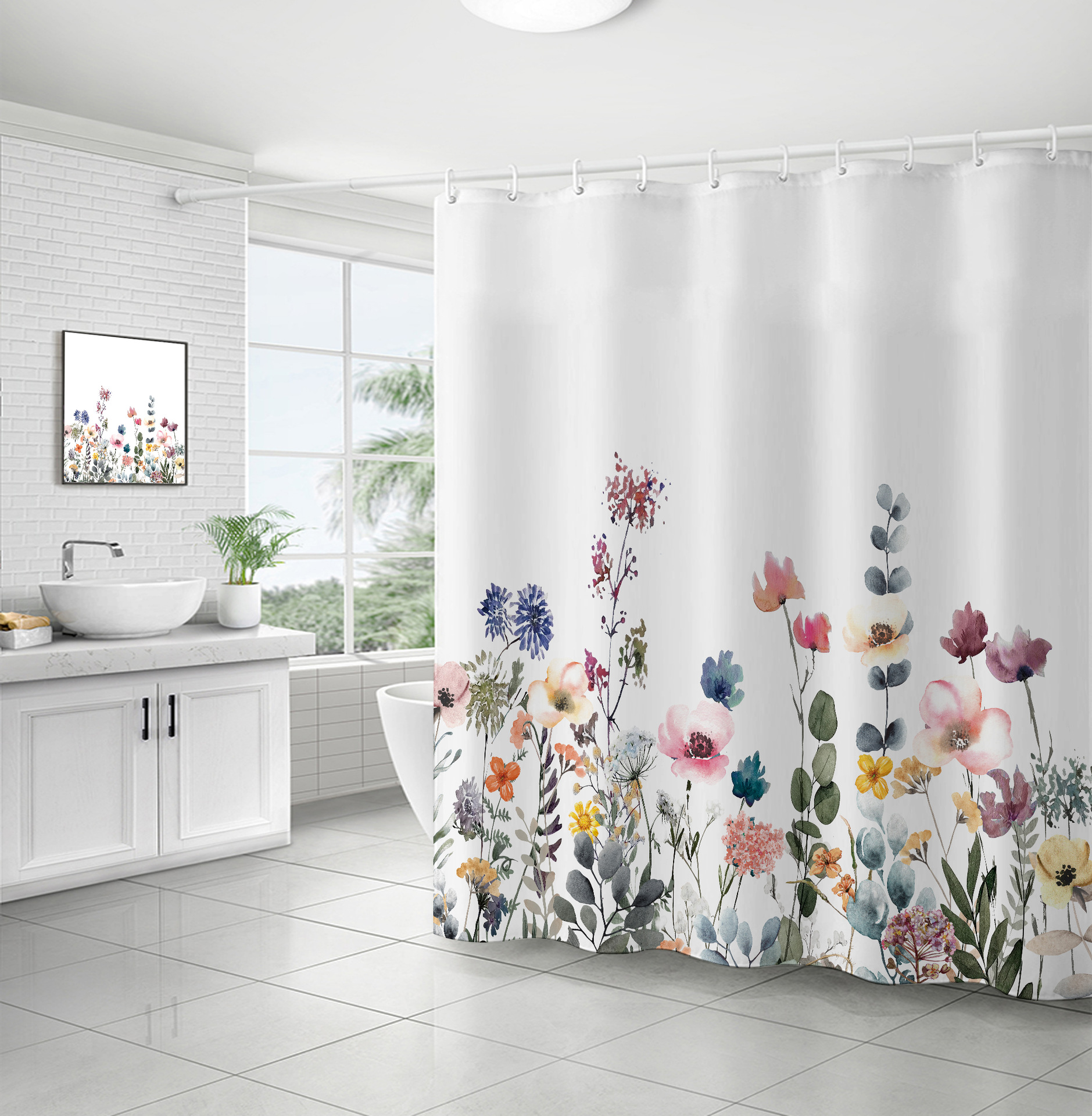 Cross-border direct sales of flower and plant bath curtains, fresh and simple floral waterproof and moisture-proof polyester isolation curtains pic 21