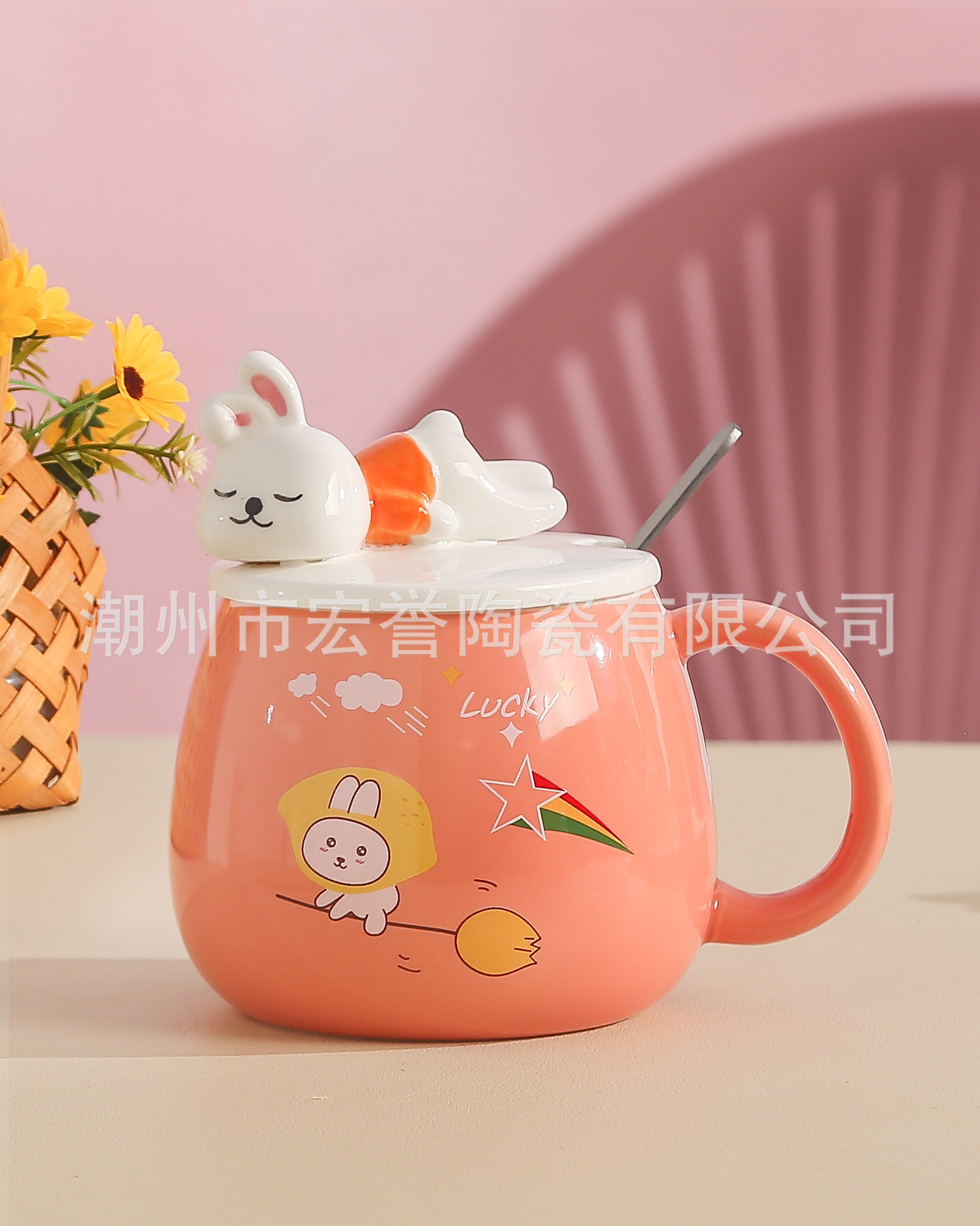 Cute rabbit cups, ceramic cups, high appearance level, couple mugs, creative embossed coffee cups with LIDS, milk cups pic 5
