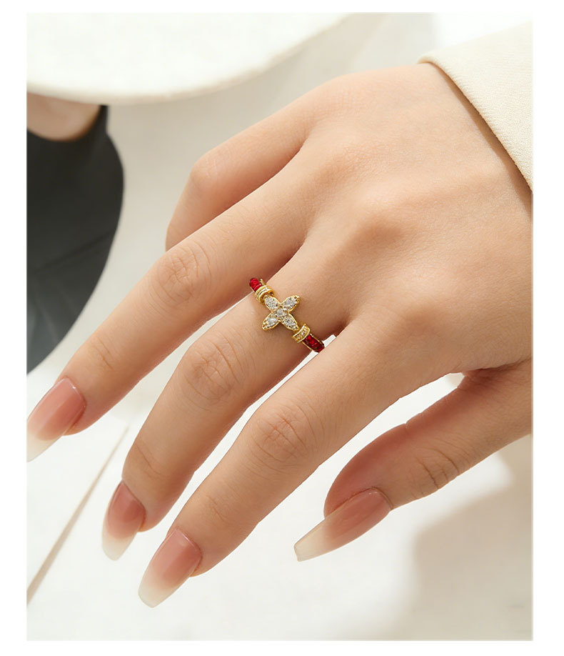 Original design: Red string starlight open ring, copper alloy, real gold electroplated with zircon, adjustable index finger ring pic 8