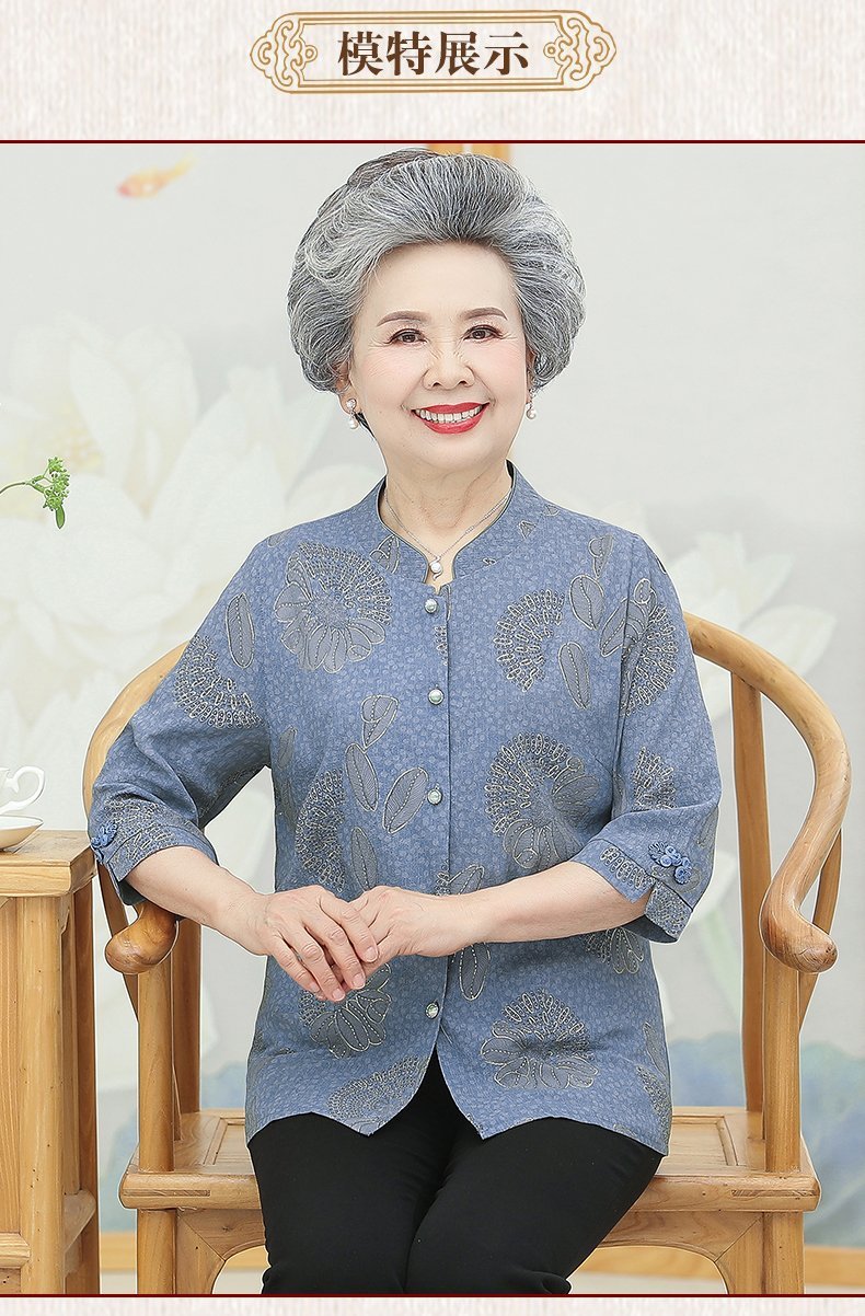 夏装衬衫女中老年人夏季七分袖套装妈妈短袖上衣老人太太妈妈款详情9