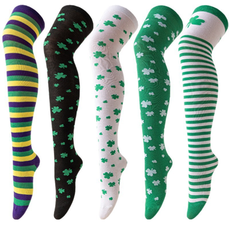 爱尔兰节绿色长筒袜派对三叶草过膝袜圣帕里克节幸运草条纹长筒袜详情6