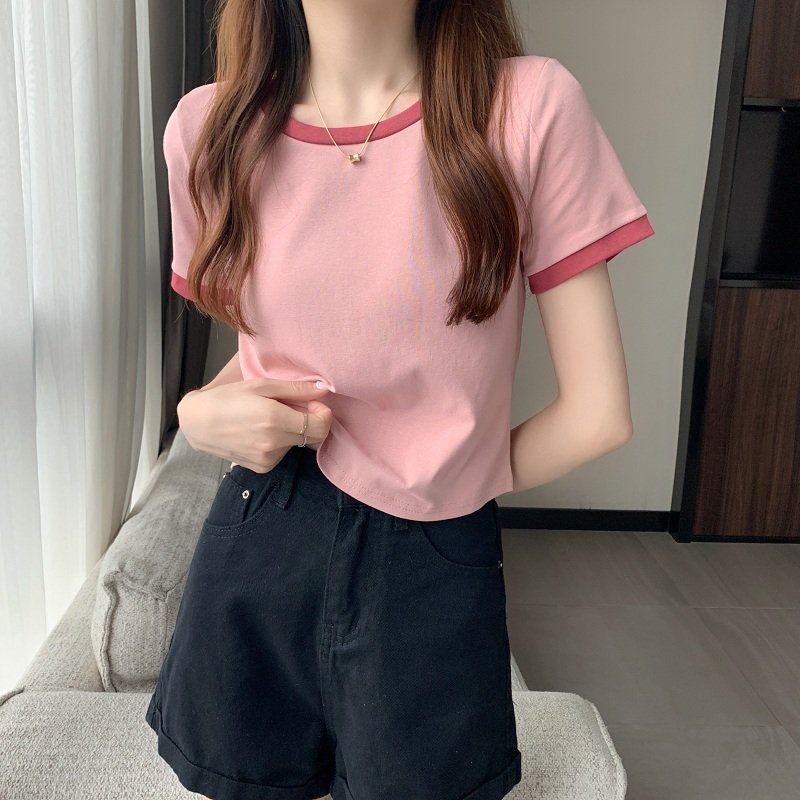 撞色圆领短袖t恤女2024年新款夏季打底衫韩版修身短款学生上衣潮详情22