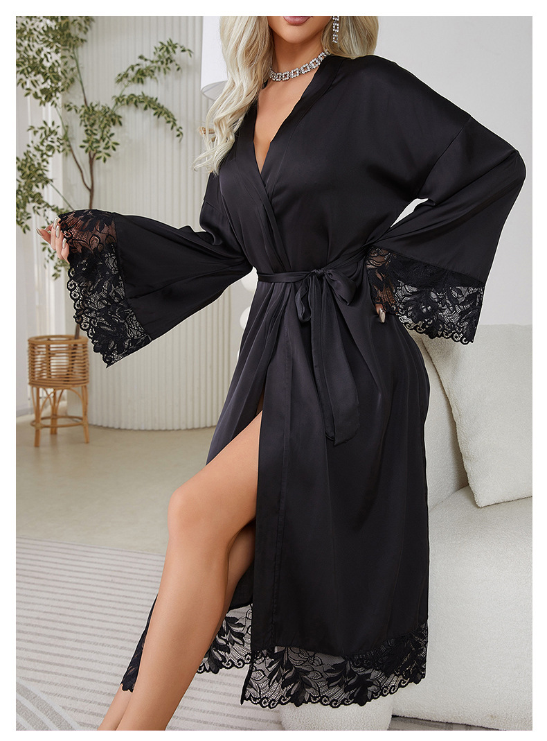 A black and white V-neck lace-trimmed mid-length, slit, light luxury and sexy nightgown for export, 682 pic 14
