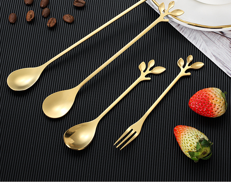 不锈钢勺子金色树叶勺水果叉伴手礼勺咖啡搅拌勺蜂蜜勺燕窝咖啡勺详情2