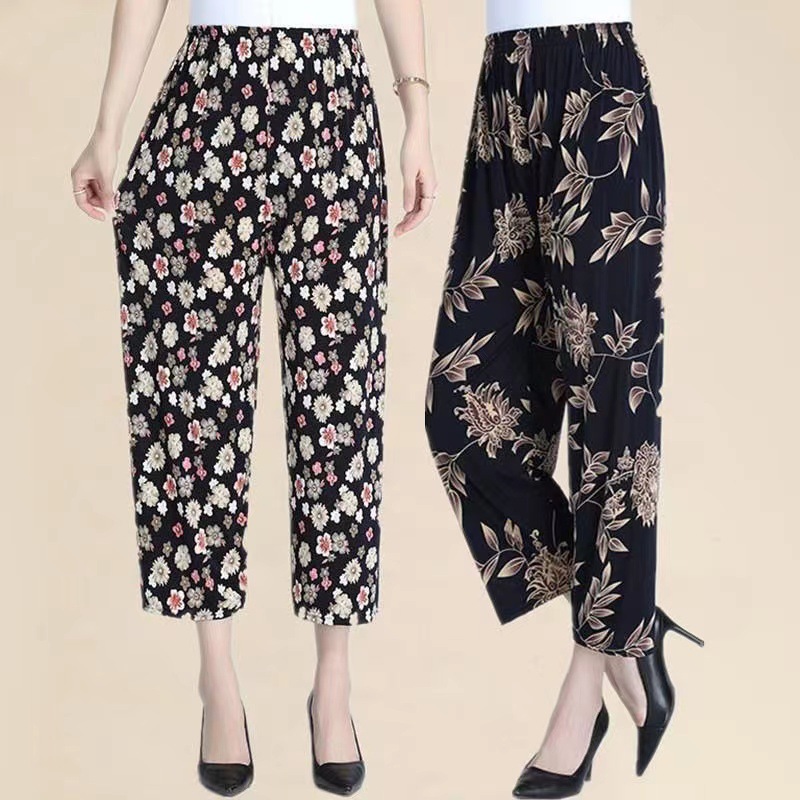 国潮-中老年女装夏季九分冰丝花裤薄款休闲加肥高腰宽松防蚊妈妈阔腿裤详情8