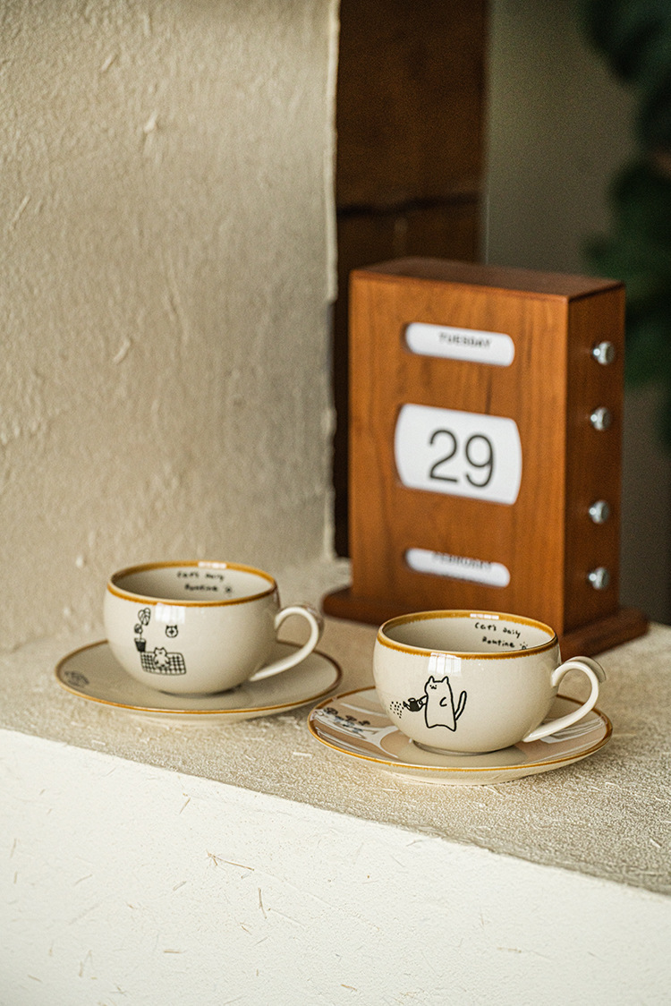 可爱卡通治愈插画日式猫咪陶瓷咖啡杯碟下午茶拿铁拉花杯高级感咖啡具套装详情3