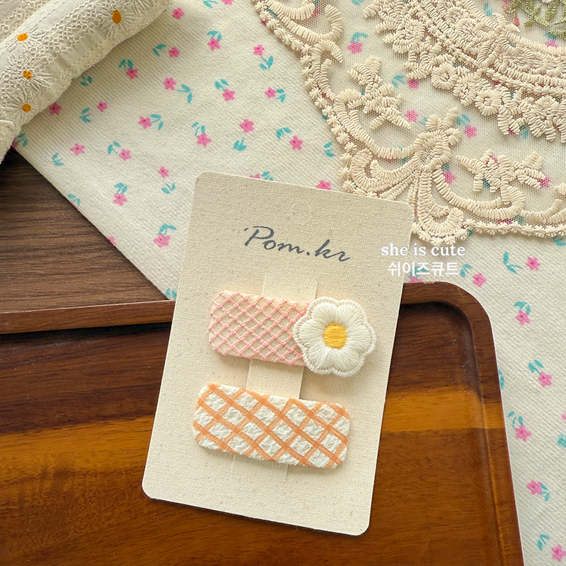 新款韩版布艺蝴蝶结发夹橘色鸡蛋花格纹少女百搭甜美侧边夹刘海夹详情5