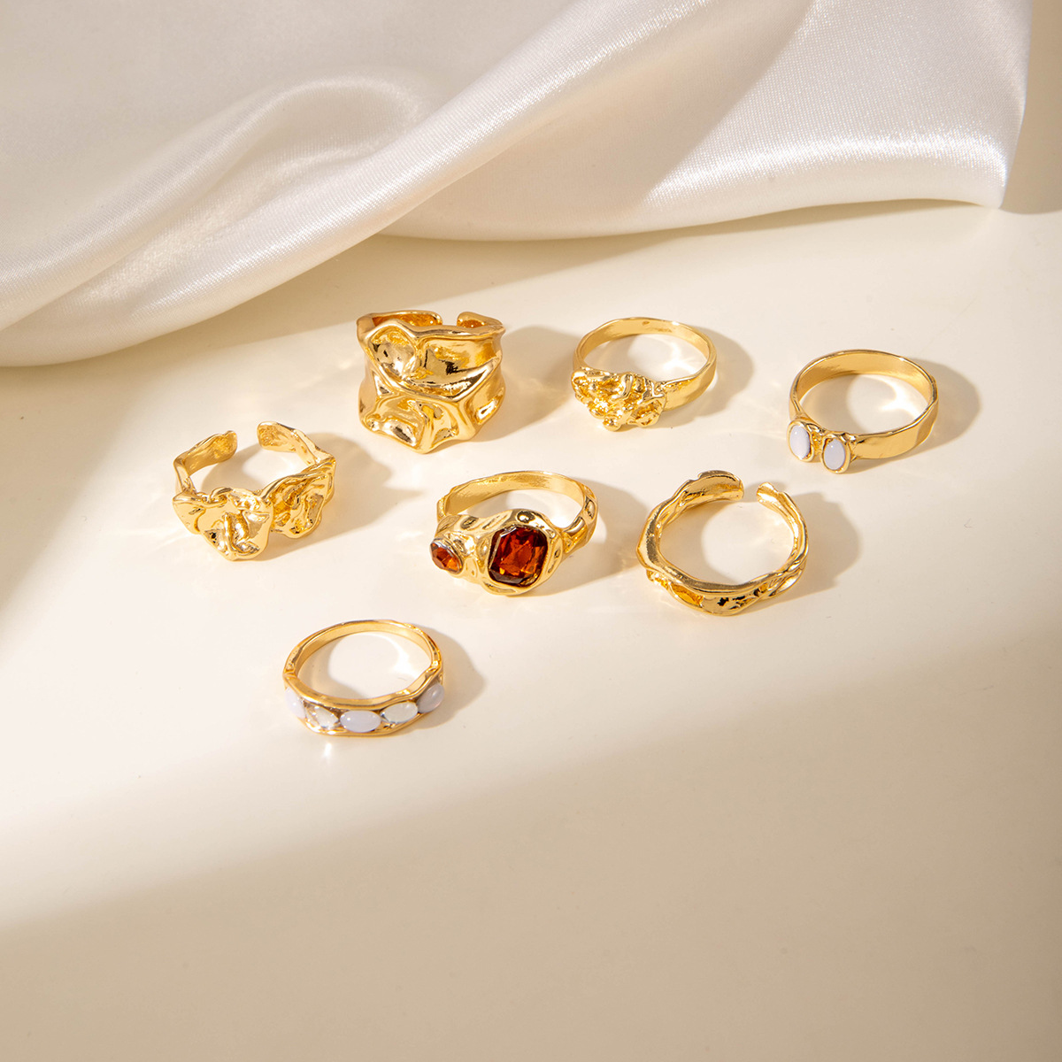 欧美跨境几何时尚复古合金指环饰品 不规则镶钻宝石戒指套装女详情5