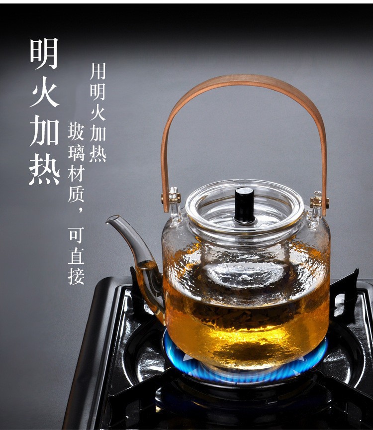 高硼硅玻璃日式锤纹茶壶明火竹把提梁壶煮茶壶泡茶壶家用茶具套装详情4