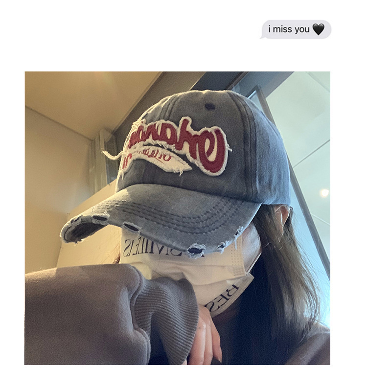 American retro distressed baseball cap for women, washed-out, ripped denim wide-brimmed baseball cap, face-showing small cap pic 9