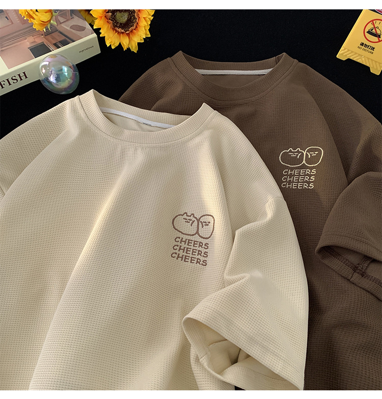 Waffle large-sized short-sleeved T-shirt for men, summer Korean style trendy clothing, printed loose half-sleeved American heavyweight T-shirt pic 20