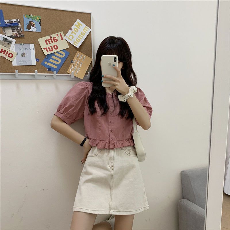短袖衬衫女设计感小众夏季法式甜美减龄短款上衣方领小个子娃娃衫详情9