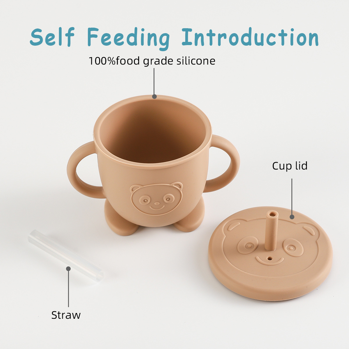 宝宝学饮杯食品级硅胶双耳吸管杯耐摔耐高温小熊猫杯子喂养水杯详情8