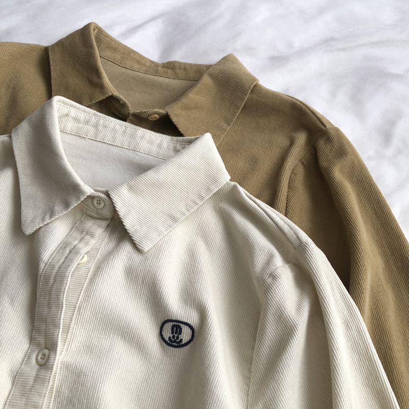 韩版小刺绣灯芯绒正肩长袖衬衫女翻领百搭叠穿衬衣秋冬小个子上衣详情8