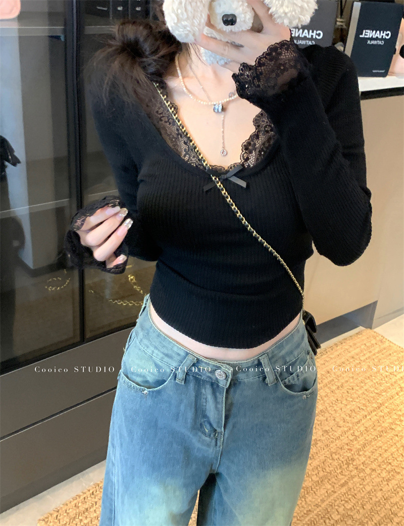 6035#复古蕾丝拼接针织衫新款修身显瘦纯欲风内搭打底长袖上衣女详情32