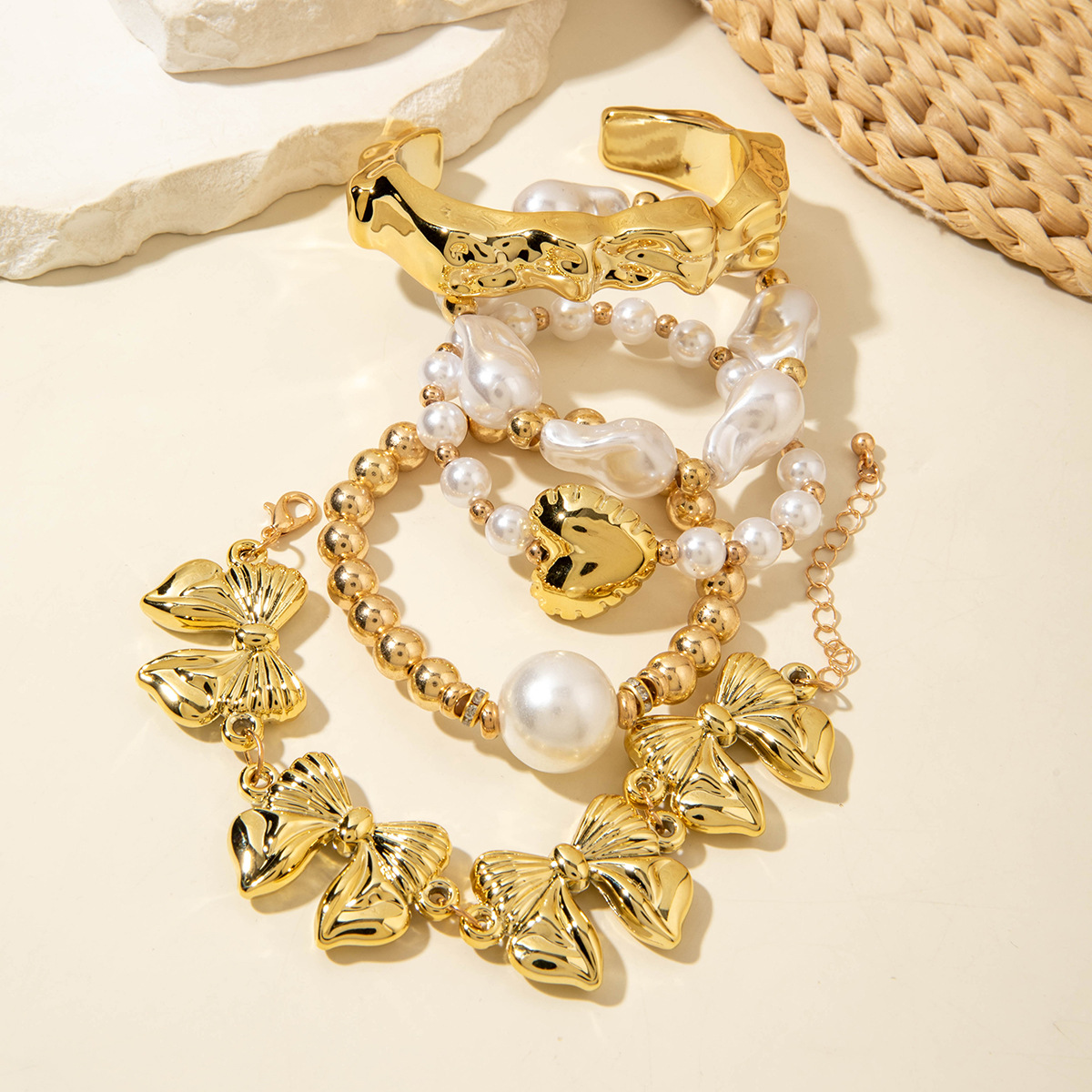 欧美跨境新款多层线条缠绕几何开口手镯套装朋克风波浪形串珠手链详情121