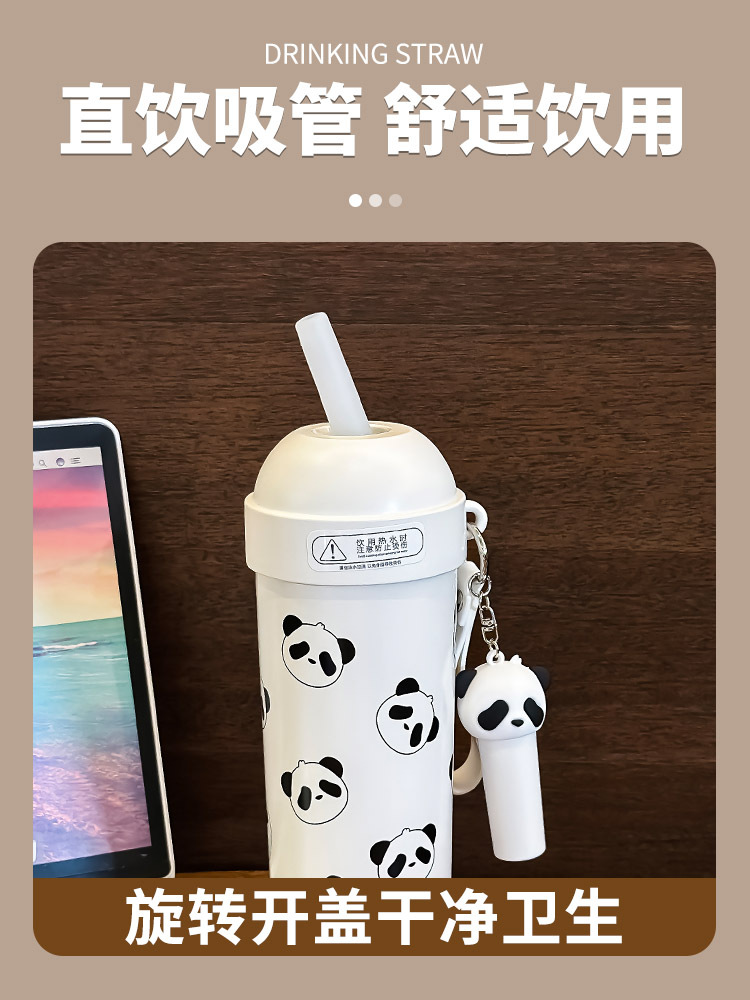 yanis3儿童保温杯2024新款学生上学专用便携女生高颜值熊猫吸管杯详情7