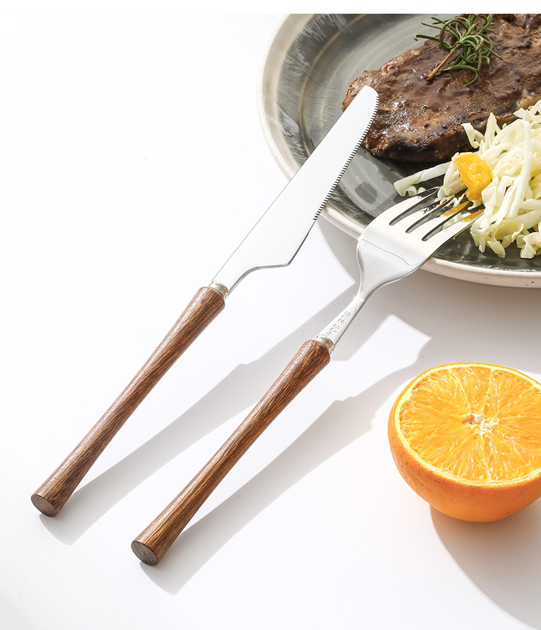 新款304不锈钢小蛮腰西餐牛排刀叉勺新中式实木手柄甜品勺子餐具详情16