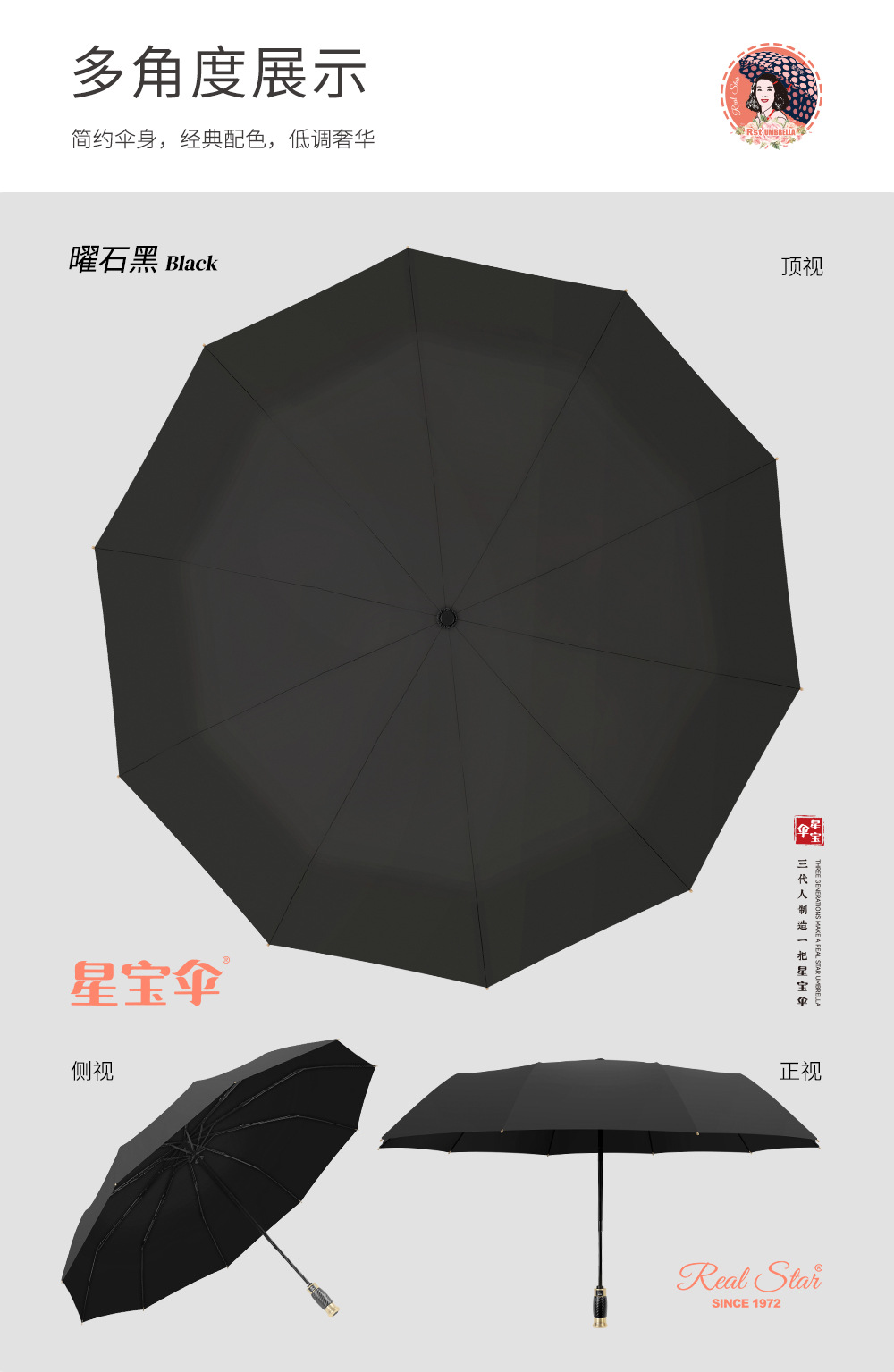 【碳纤维】星宝三折全自动轻奢商务伞铝合金伞架25吋加大晴雨阳伞详情11