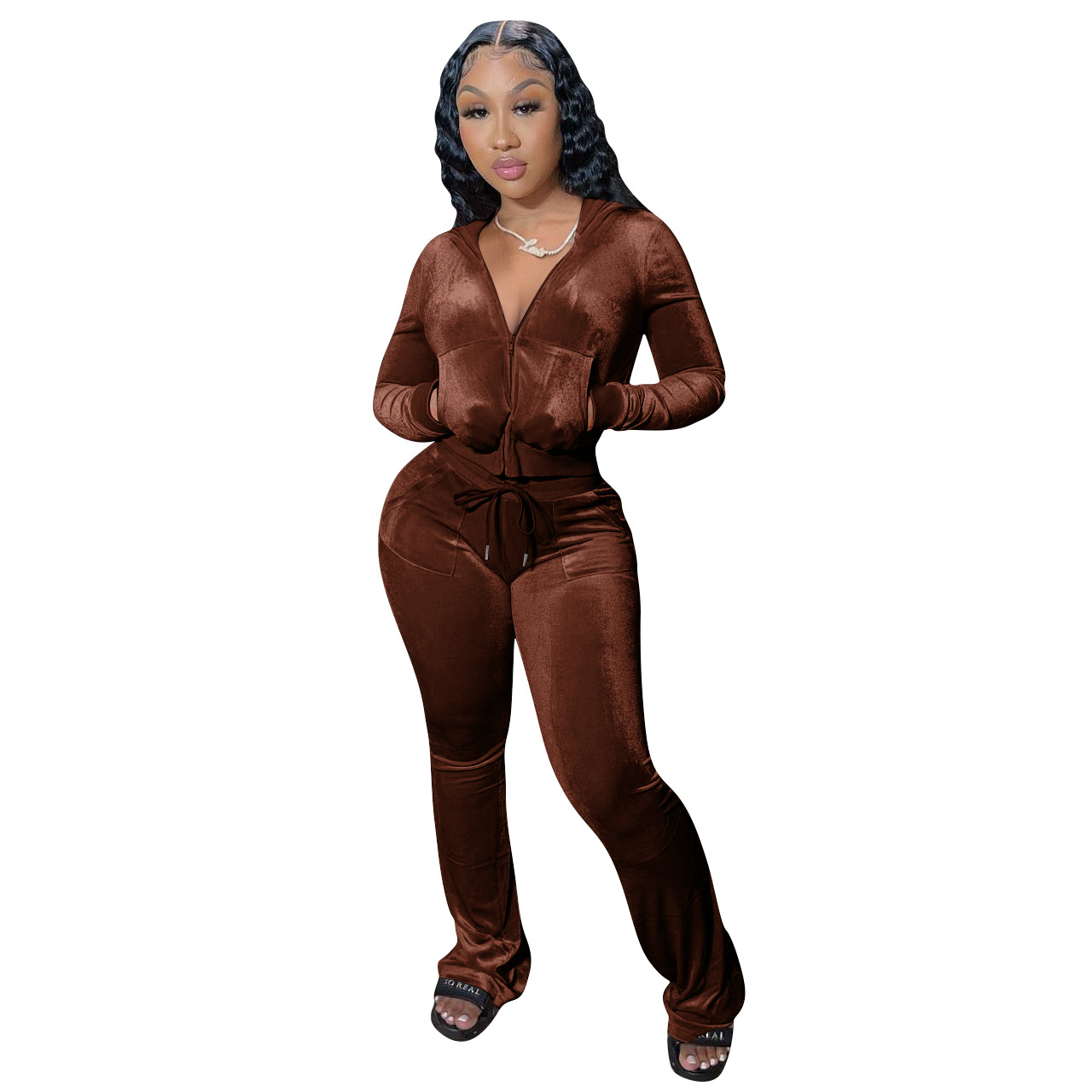 Solid color gold velvet wide-leg pants two-piece set pic 218