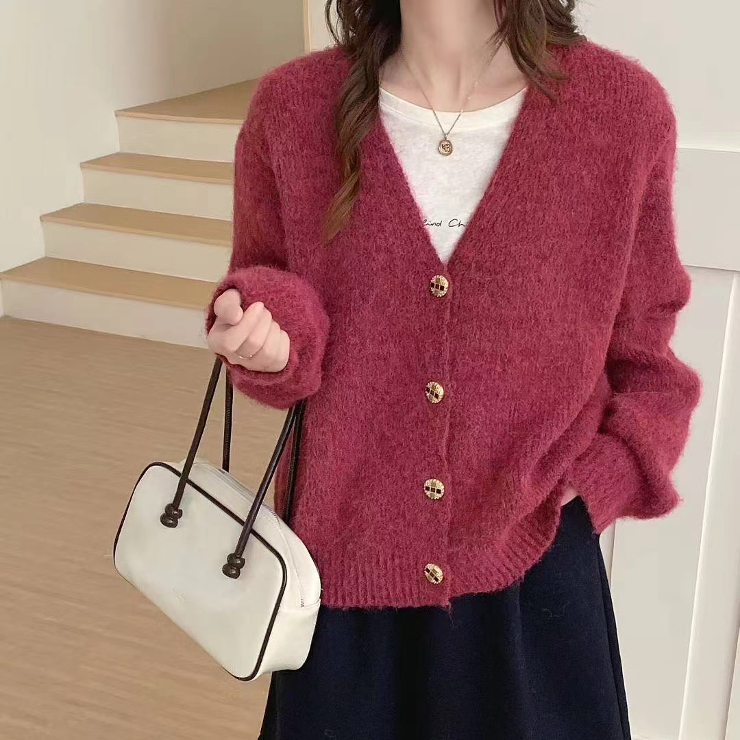 纯色v领秋冬季新款感针织衫软糯上衣宽松慵懒风外套毛衣开衫女详情5