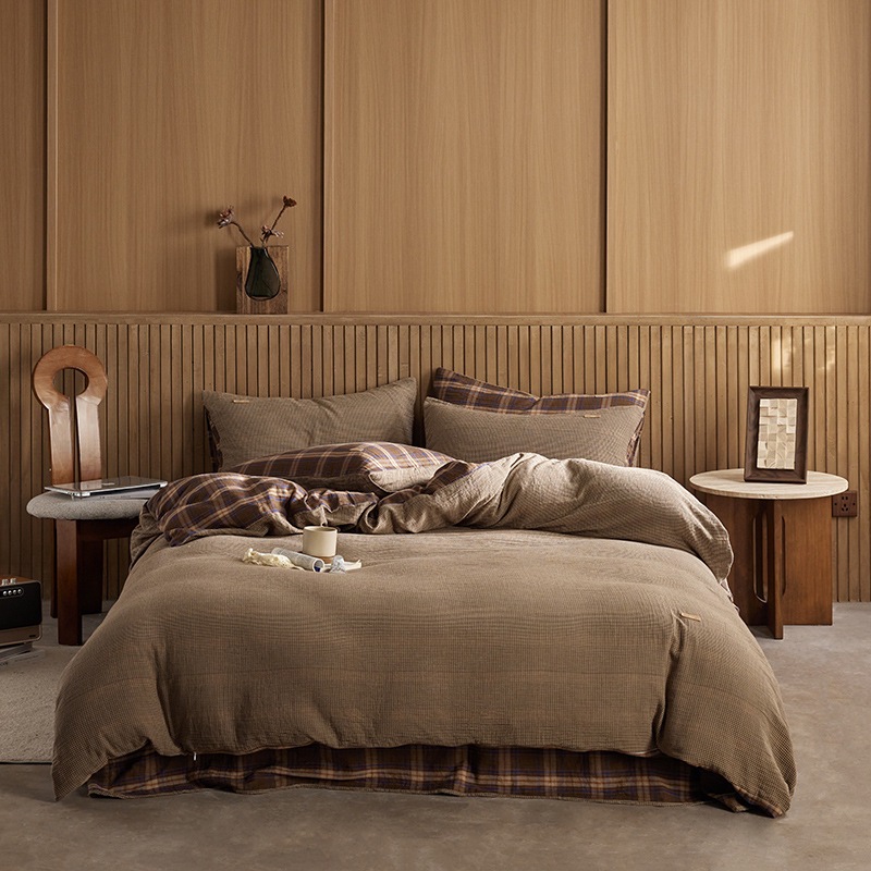 All-cotton Class A double-layer yarn four-piece set, double-layer yarn quilt cover and bed sheet four-piece set, pure cotton double-layer yarn checkered four-piece set pic 45