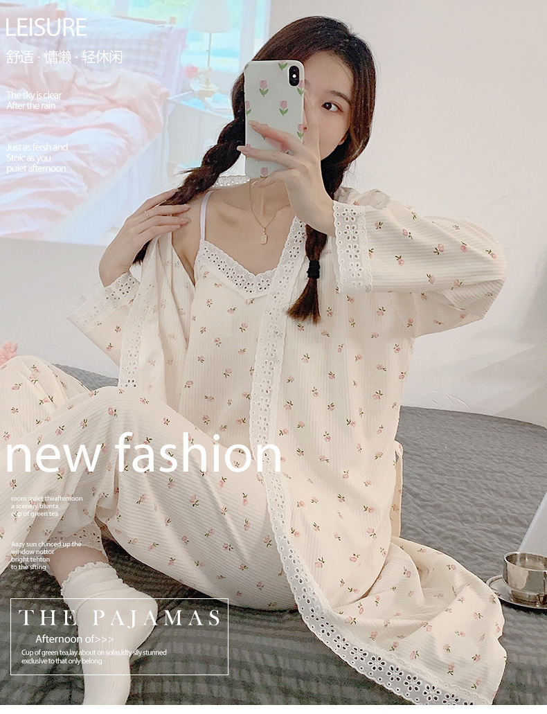 New spring and autumn pajamas for women with breast pads, sexy halter tops, long-sleeved shirts and long pants, three-piece set, lace floral home wear pic 3