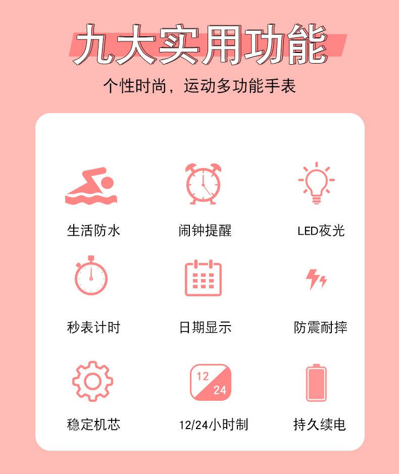 小表盘儿童经典圆形腕表户外运动青少年夜光多功能电子表详情3
