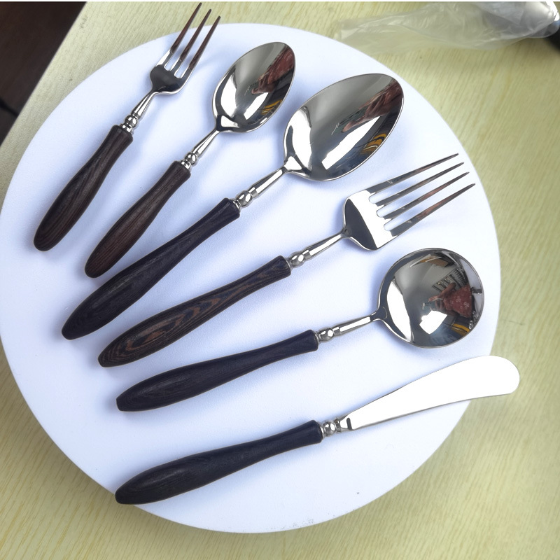 酒店牛排甜品牛排刀叉勺套装轻奢不锈钢鸡翅木花梨木304餐具批发详情15