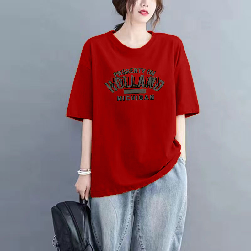夏季新款100%纯棉短袖t恤女士洋气时尚大码百搭小众圆领宽松上衣详情25