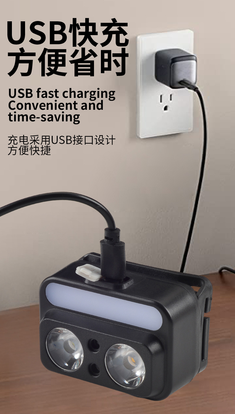 Cross-border smart sensor headlamp, strong light charging, portable yellow, white and red three light sources, long battery life, night fishing light, night running light pic 10