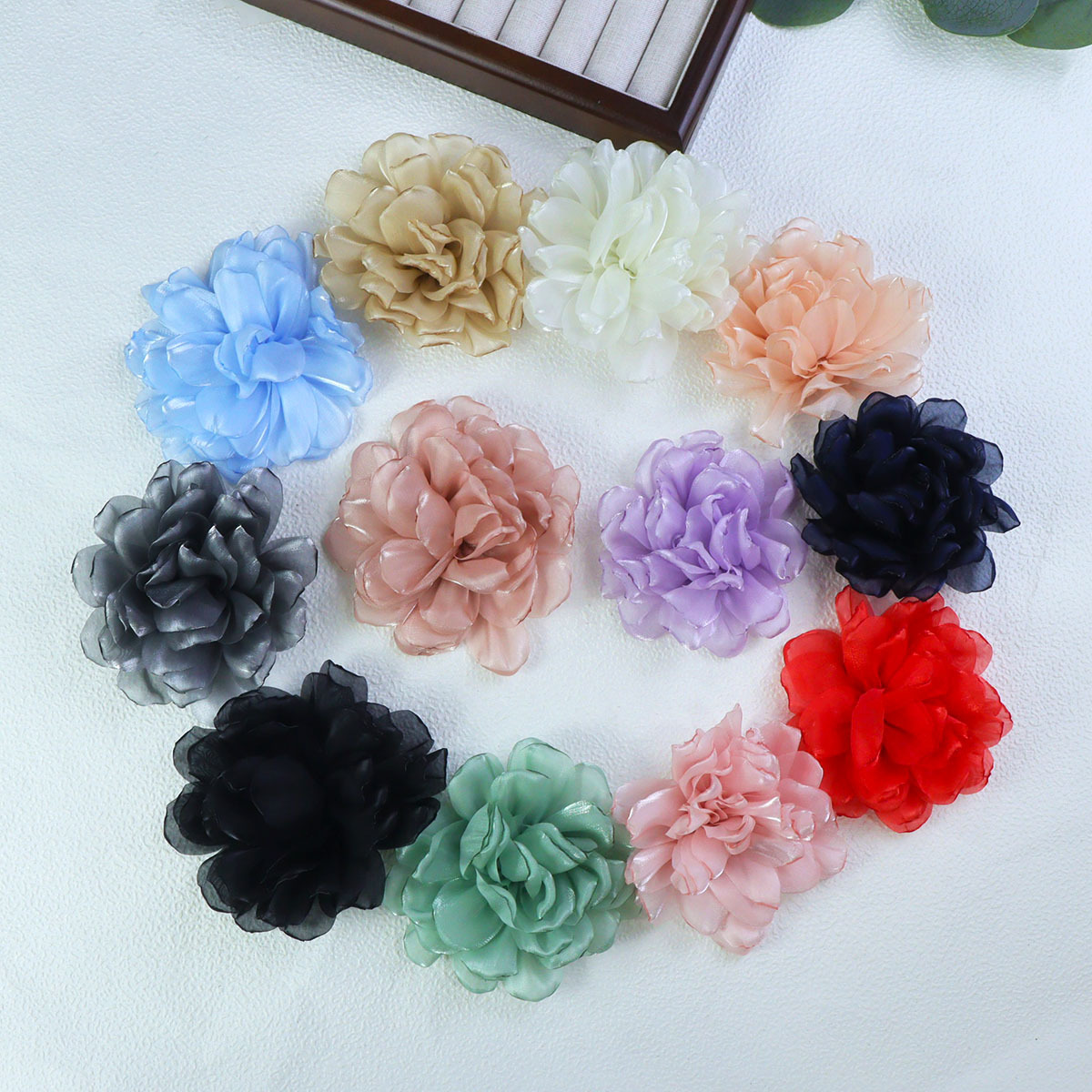 10cm欧根纱百合缎面烧边纱花diy手工头饰服饰辅料鞋花批发发饰详情1