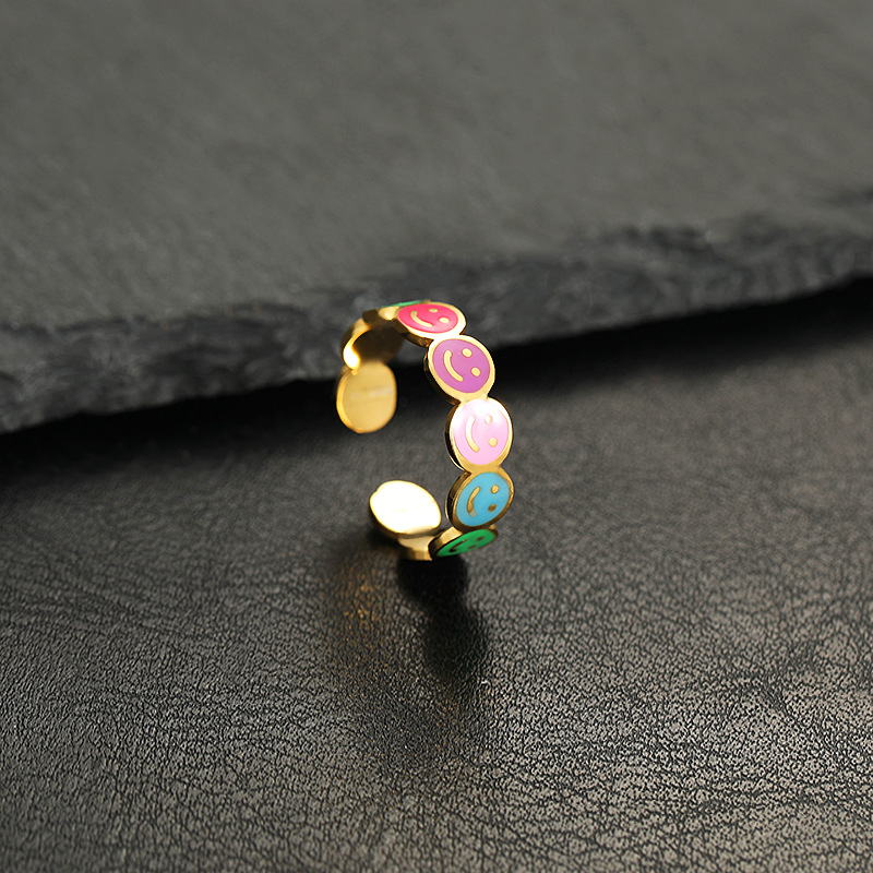 跨境不锈钢饰品清新甜美彩色笑脸花朵开口可调节钛钢戒指女手饰详情4