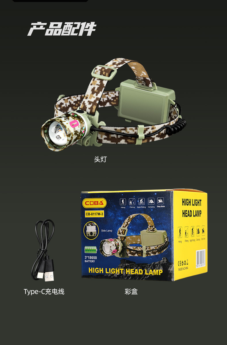 New cross-border white laser high-intensity headlamp, outdoor zoom long-range shooting camping atmosphere lamp, night cycling fishing COB headlamp pic 17