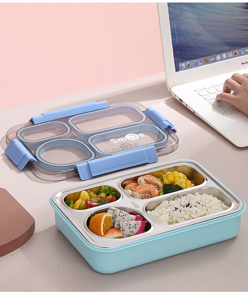 Simple Japanese-style four-compartment lunch box with bowl, 304 stainless steel sealed lunch box, portable lunch box for students and office workers, with spoons and chopsticks pic 13
