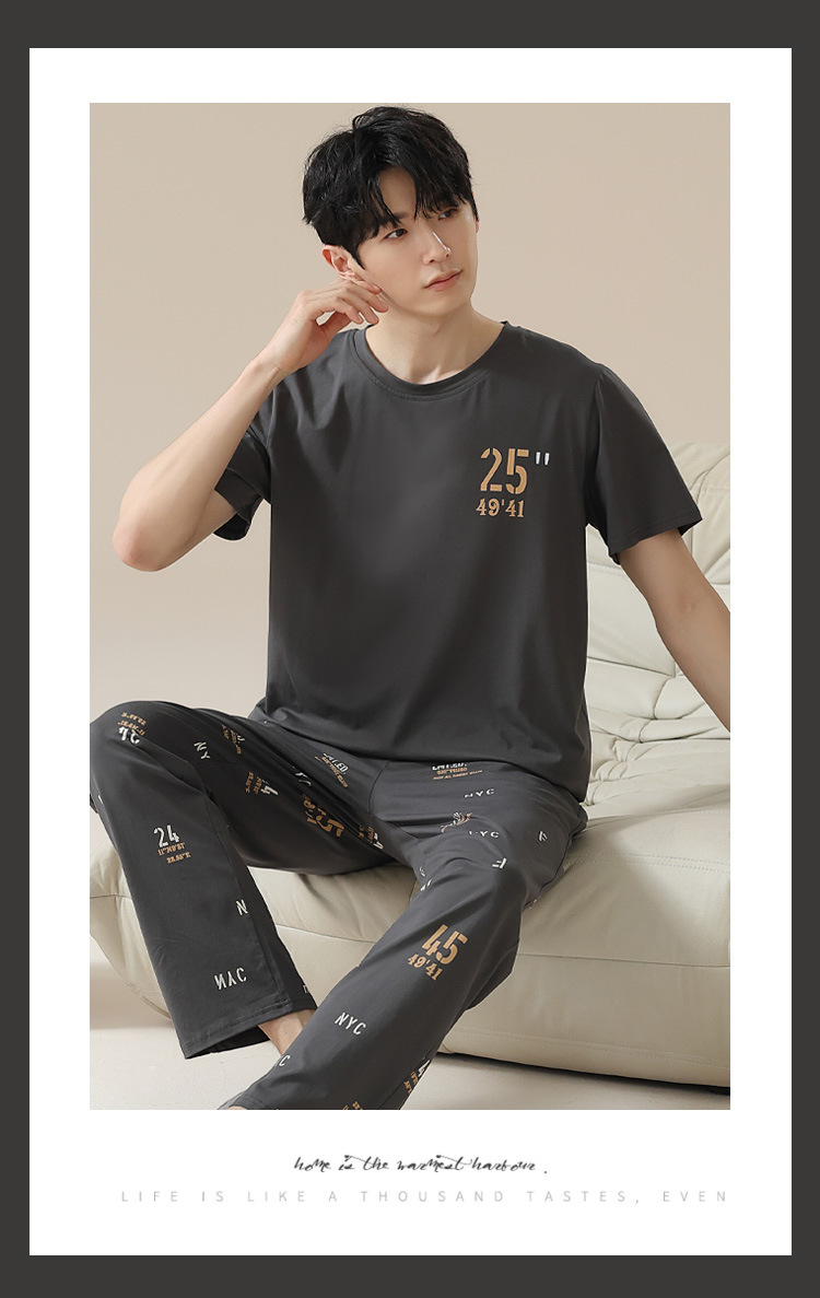 Summer pure cotton pajamas for men, cartoon casual short-sleeved shirts and long pants, pure cotton comfortable home wear, summer youth student set pic 153