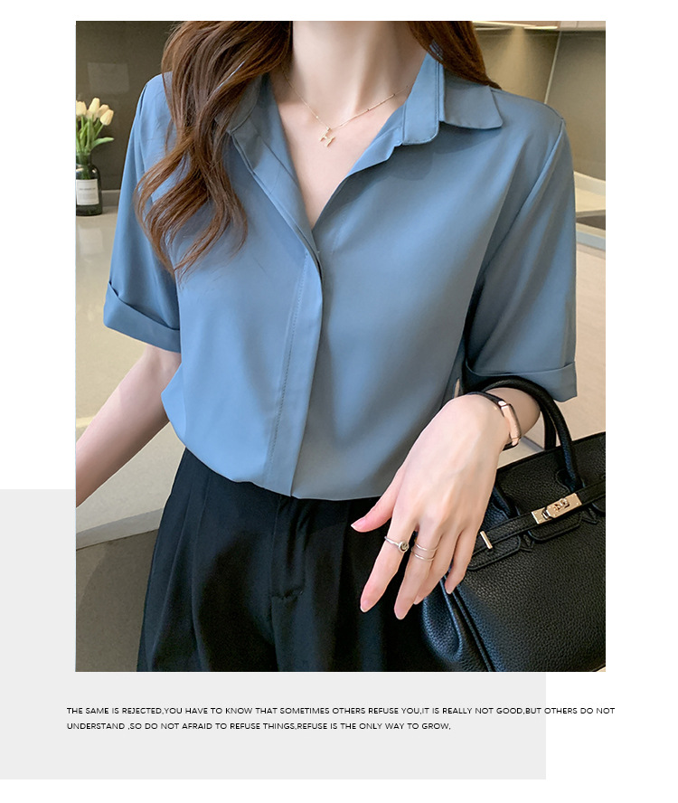 Real photos of in-stock 2025 summer new chiffon shirt for women, short-sleeved, simple and elegant office lady shirt and top for women pic 13