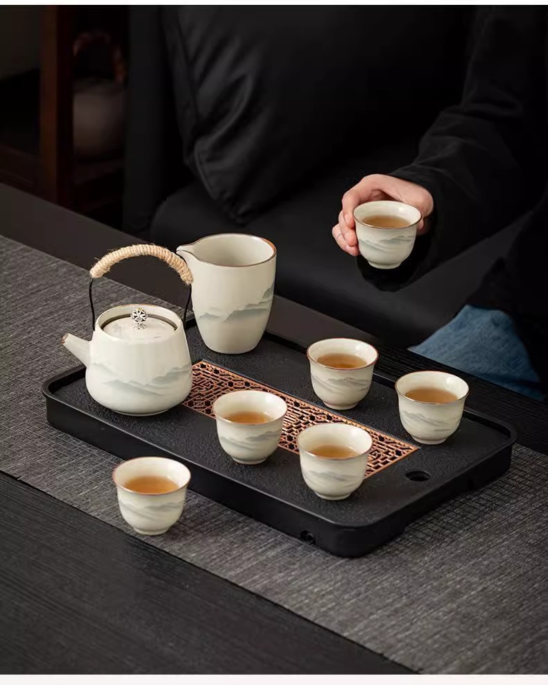 Ru Kiln Gongfu tea set, home living room ceramic tea pot, lid, bowl and tea cup complete set, office high-end tea brewing utensils pic 16