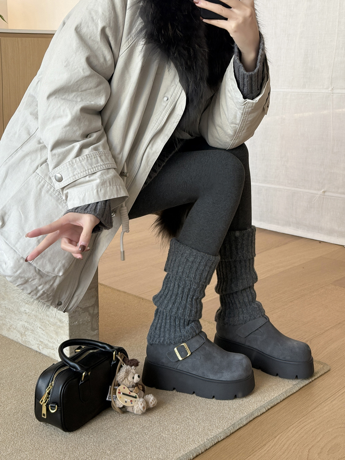 MARCO&JOYCE厚底增高勃肯鞋女冬季新款加绒松糕一脚蹬乐福鞋单鞋详情45