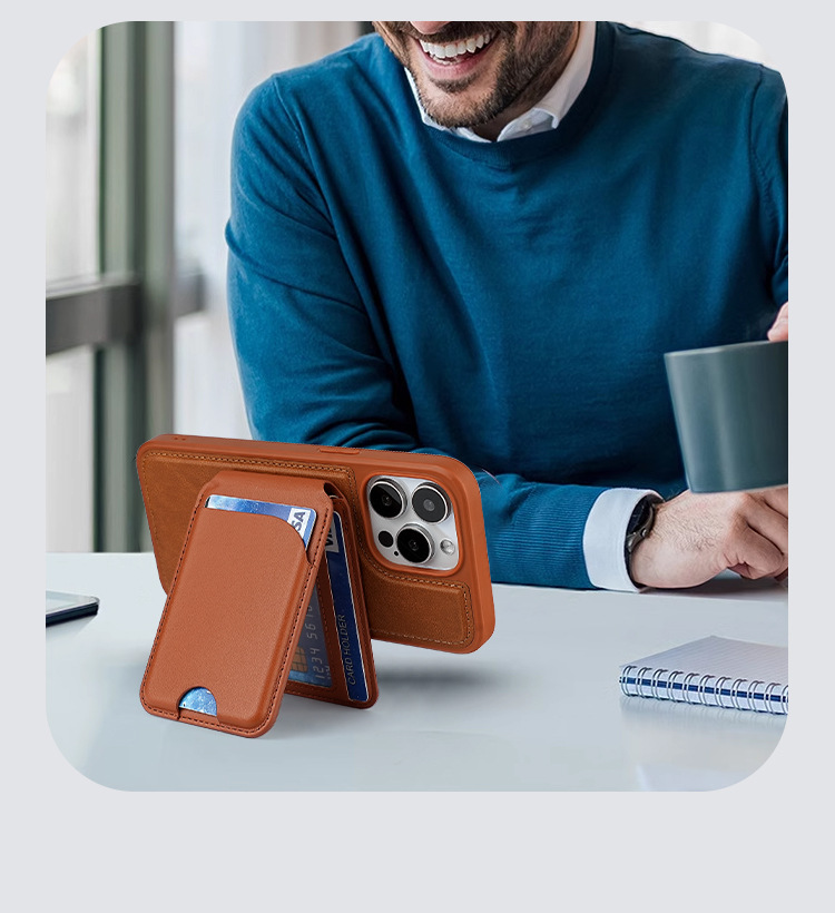 跨境欧美时尚磁吸卡包Magsafe强磁环保PU皮五金转轴折叠支架卡套详情5