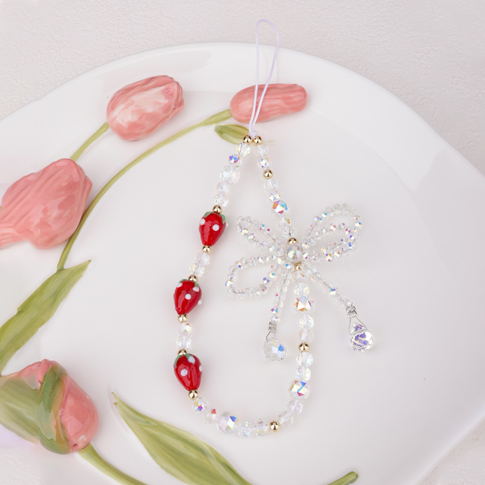 New cute glass strawberry watermelon phone chain, pink bow, beaded phone case, pendant, lanyard and pendant pic 3