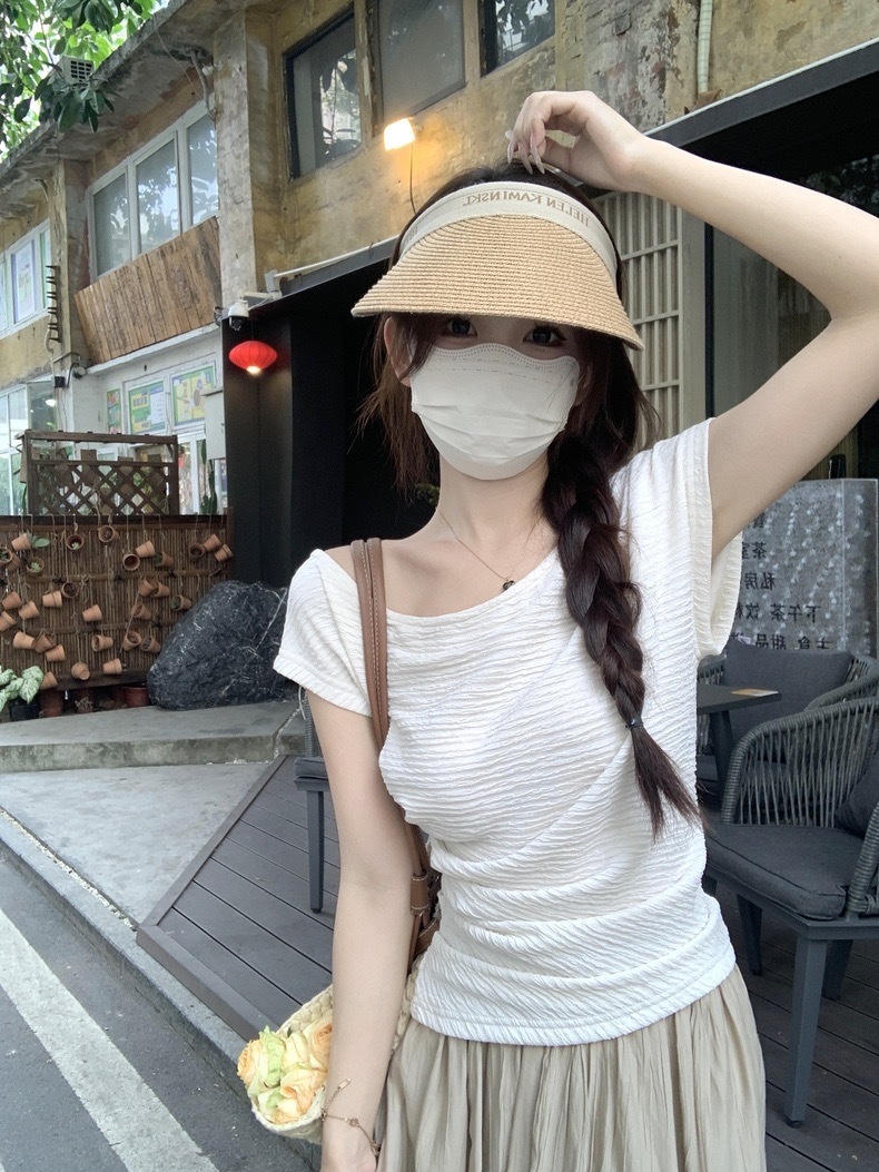 斜肩肌理感韩版短袖T恤女夏季修身显瘦内搭打底衫白色气质上衣服详情7