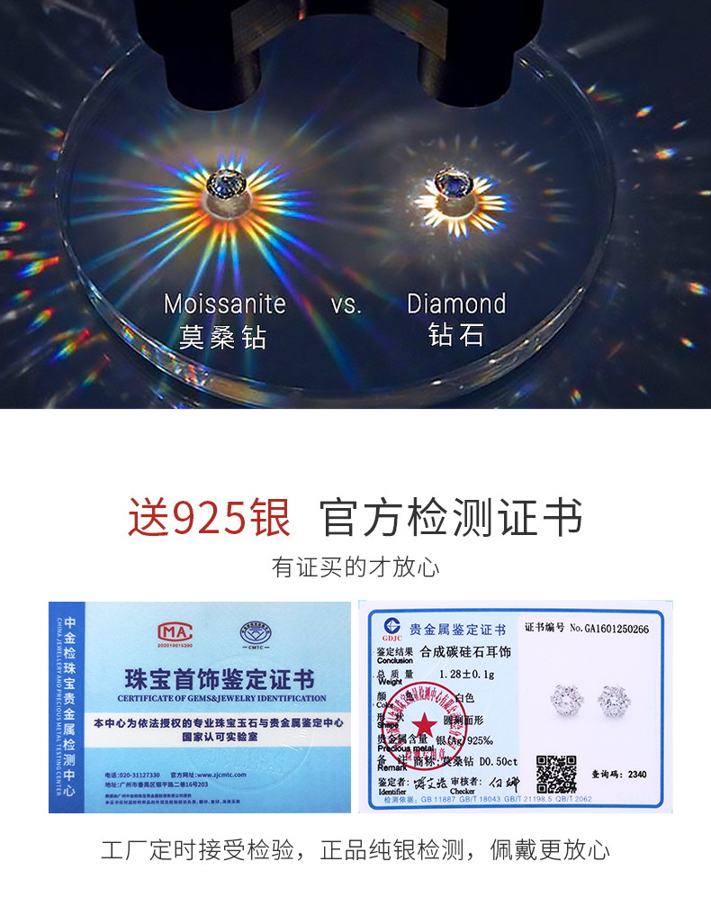 Zhuoheng Select s925 pure Silver 50-point white Moissan stud earrings for ear piercing, snowflake high-end style, autumn and winter versatile earrings pic 17