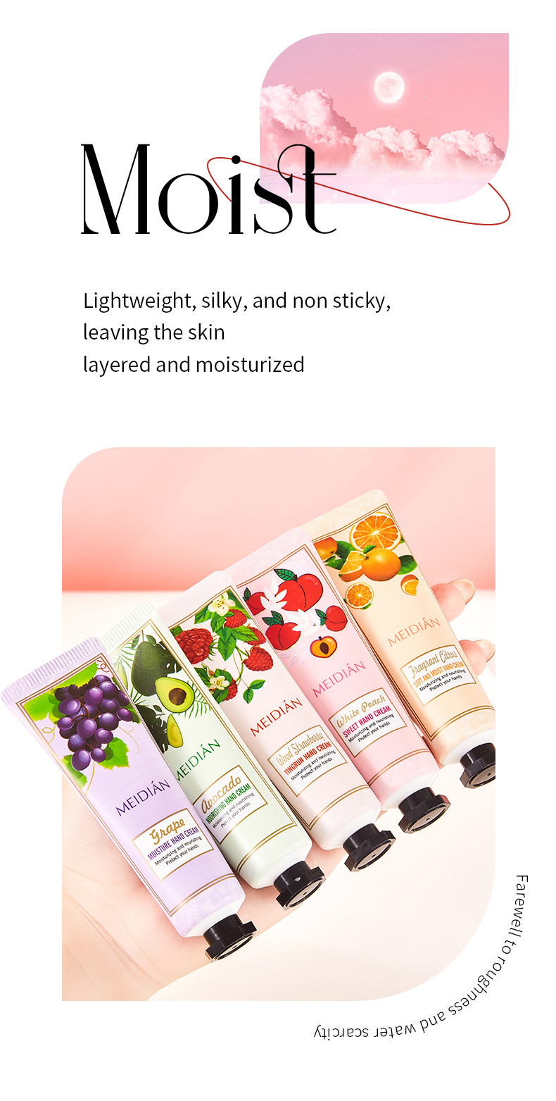 【 Exclusive for Foreign Trade 】 Wholesale of 5-bottle Set of Meidian Fruit Fragrance Hand Cream Moisturizing and Anti-Cracking Hand Cream pic 5