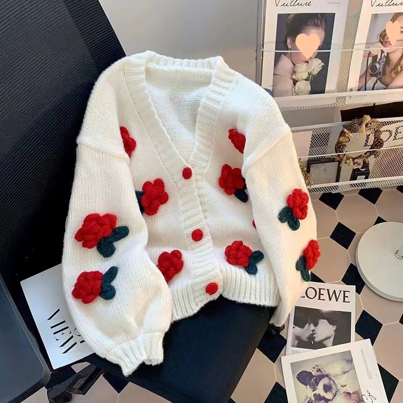 Korean autumn and winter new sweet style three-dimensional floral knitted cardigan for women to look younger and versatile, loose and soft sweater coat pic 3