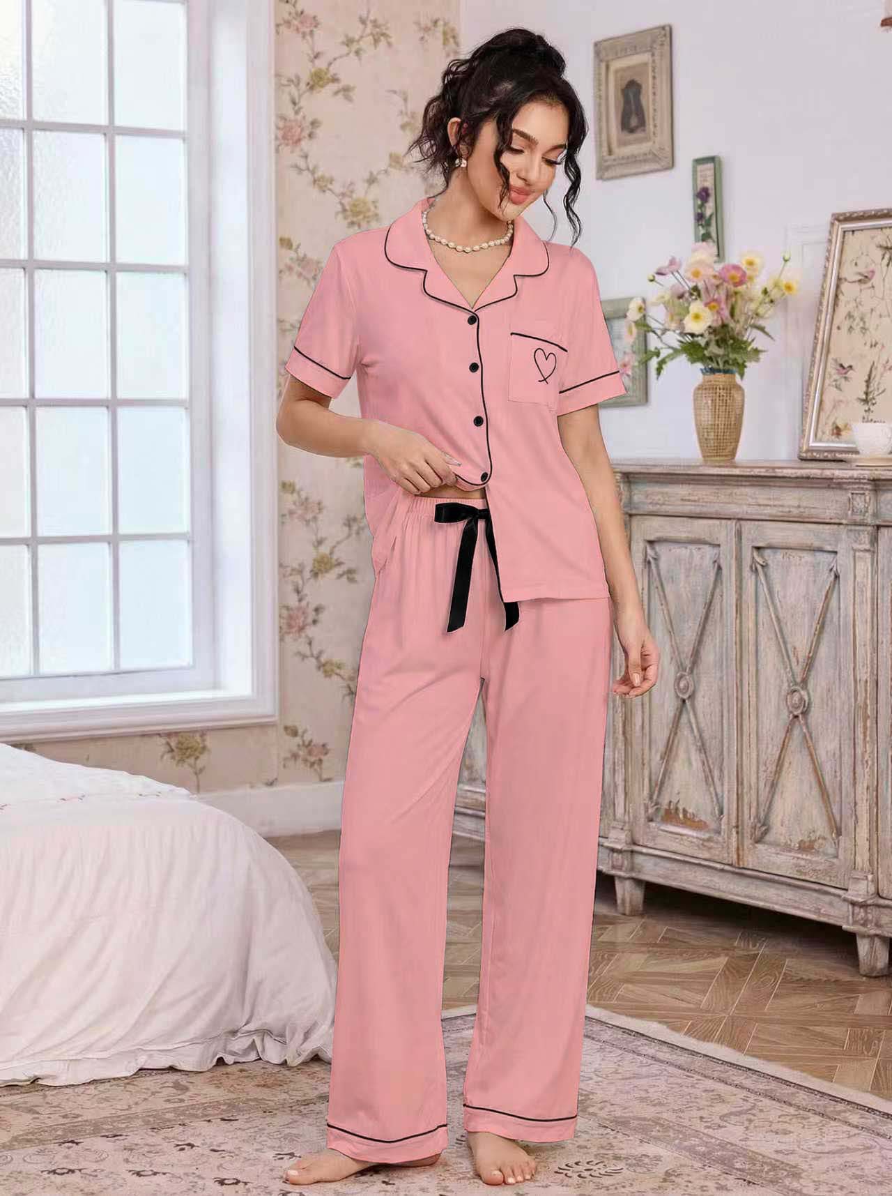 亚马逊欧美家居服套装翻领开衫短袖长裤爱心绣花睡衣女外贸独立站详情12
