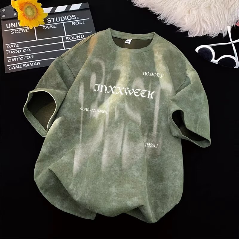Summer trendy brand American heavy-duty pure cotton short-sleeved T-shirt for men, loose large-sized half-sleeved washed distressed T-shirt base layer pic 17